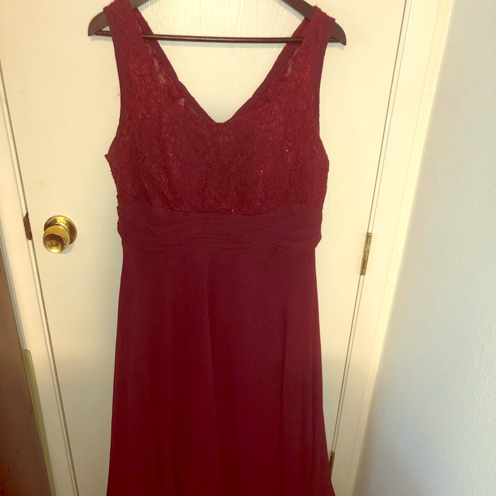 Maroon chiffon and lace gown